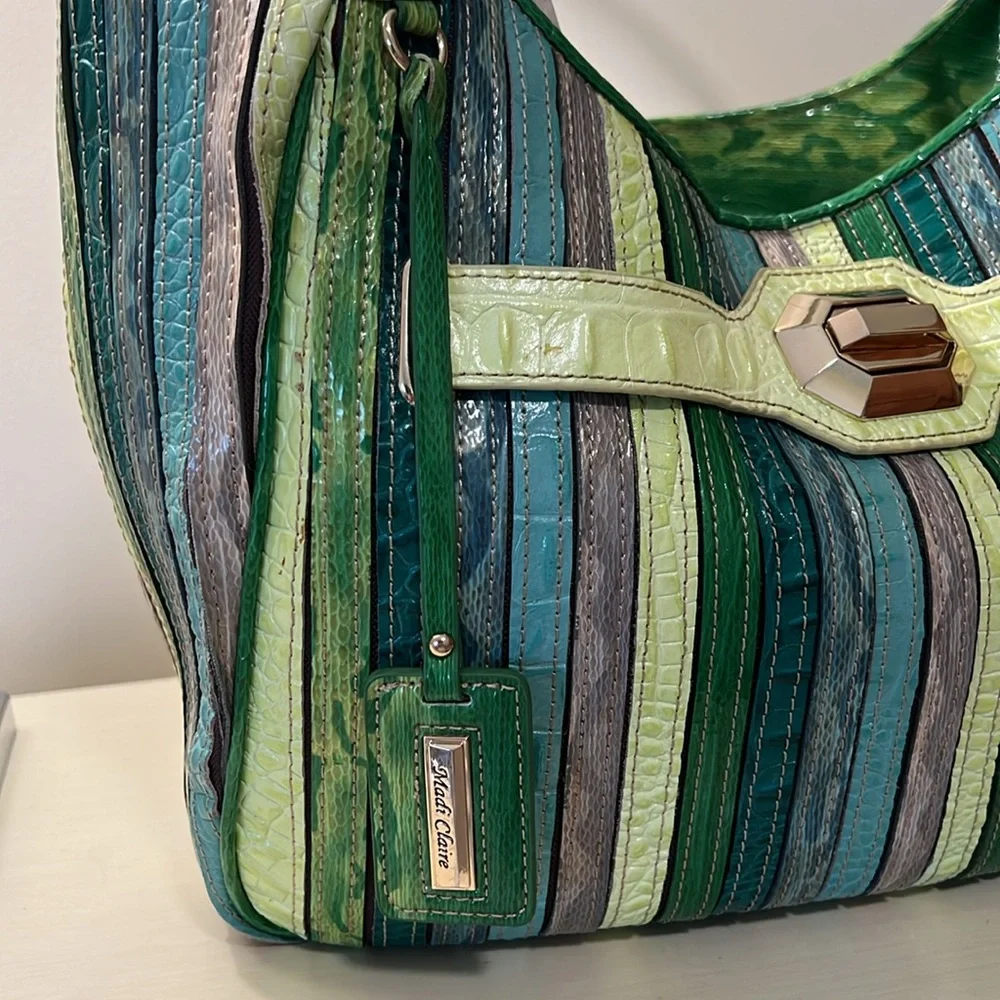 M.C. Marc Chantal Striped Green and Blue Shoulder Bag - Picture 7 of 8